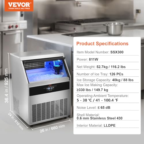 VEVOR SSX300 Commercial Ice Maker Machine, 330lbs/24H Ice Maker Machine with 88lbs Storage Capacity, 126 Ice Cubes in 12-15 Minutes, LED Digital Display Commercial Ice Maker for Bar Home Restaurant