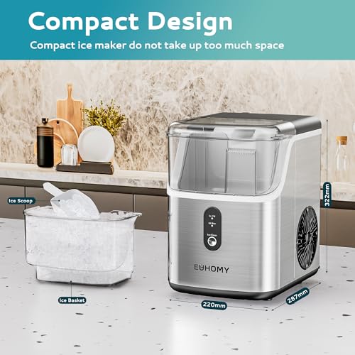 EUHOMY IM-15S Nugget Ice Makers Countertop, Pebble Ice Maker Machine with 35lbs/24H Soft Ice, Self-Cleaning Sonic Ice Maker with Ice Scoop&Basket, Pellet Ice Maker for Home/Kitchen/Office(Stainless Steels)