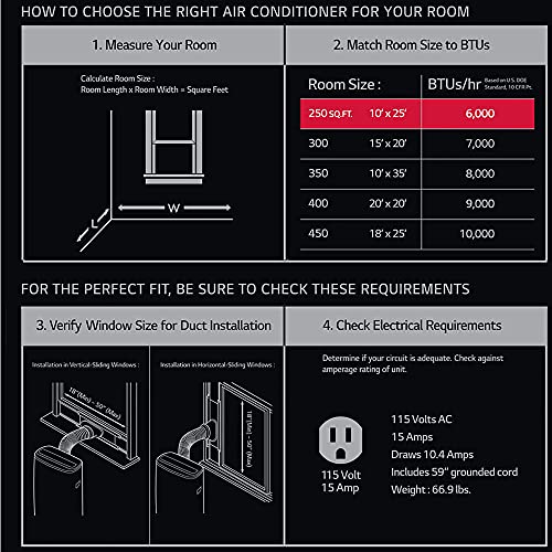 LG LP0621WSR 6,000 BTU Portable Air Conditioner, 115V, Cools 250 Sq.Ft. (10' x 25' Room Size), Portable Air Conditioner for Home with Quiet Operation, LCD Remote Control, and Window Installation Kit, White