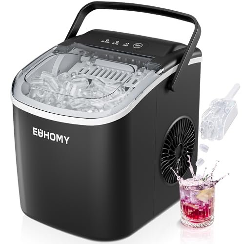 EUHOMY IM-06D-HM Countertop Ice Maker Machine with Handle, 26lbs in 24Hrs, 9 Ice Cubes Ready in 6 Mins, Auto-Cleaning Portable Ice Maker with Basket and Scoop, for Home/Kitchen/Camping/RV. (Black)