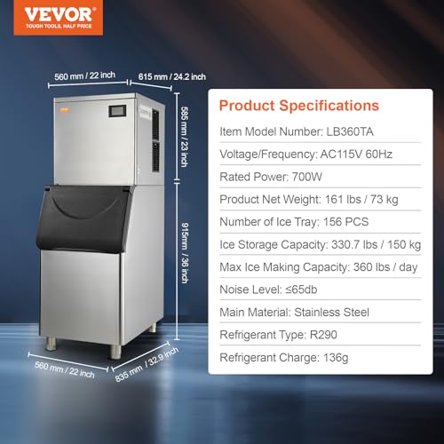 VEVOR LB360TA Commercial Ice Maker, 360LBS/24H Ice Making Machine with 330.7LBS Large Storage Bin, 700W Auto Self-Cleaning Ice Maker Machine with 3.5-inch LED Panel for Bar Cafe Restaurant Business