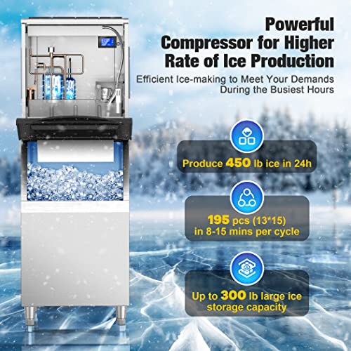 Coolski IM450 Commercial Ice Maker Machine 450LBS/24H, 22'' Wide Ice Machine with 300LBS Large Storage Bin, Clear Ice Cubes Air Cooled Stainless Steel Ice Maker for Restaurant/Bar/Cafe/Business