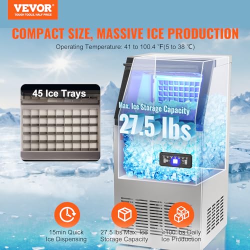 VEVOR SKF-BT45F Commercial Ice Maker Machine, 100 lbs/24H Ice Maker Machine with 27.5 lbs Storage Capacity, 45 Ice Cubes in 12-15 Minutes, LED Digital Display Commercial Ice Maker for Home Office Restaurant