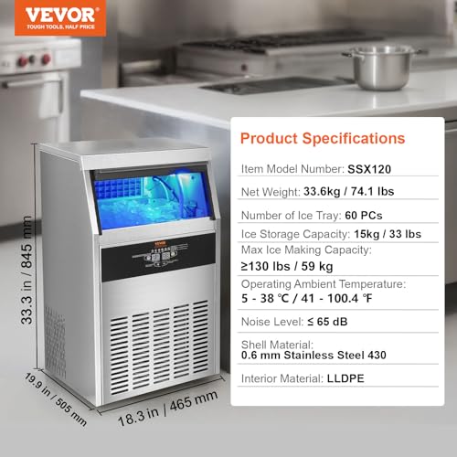 VEVOR SSX120 Commercial Ice Maker, 130lbs/24H, Ice Maker Machine, 60 Ice Cubes in 12-15 Minutes, Freestanding Cabinet Ice Maker with 33lbs Storage Capacity LED Digital Display, for Bar Home Office Restaurant