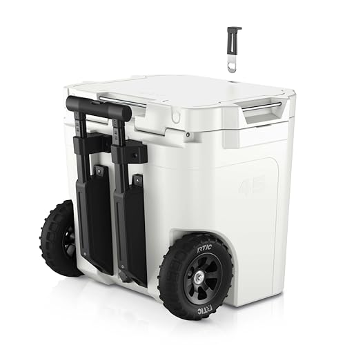 RTIC 45 QT Wheeled Ultra-Tough Cooler Hard Insulated Portable Ice Chest Box for Beach, Drink, Beverage, Camping, Picnic, Fishing, Boat, Barbecue, Rotomolded Construction, White