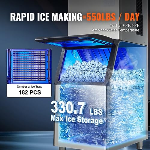 VEVOR LB550TA Commercial Ice Maker, 550LBS/24H Ice Making Machine with 330.7LBS Large Storage Bin, 1000W Auto Self-Cleaning Ice Maker Machine ith 3.5-inch LED Screen for Business Bar Cafe Restaurant