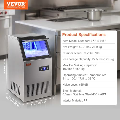 VEVOR SKF-BT45F Commercial Ice Maker Machine, 100 lbs/24H Ice Maker Machine with 27.5 lbs Storage Capacity, 45 Ice Cubes in 12-15 Minutes, LED Digital Display Commercial Ice Maker for Home Office Restaurant