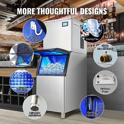 VEVOR LB550TA Commercial Ice Maker, 550LBS/24H Ice Making Machine with 330.7LBS Large Storage Bin, 1000W Auto Self-Cleaning Ice Maker Machine ith 3.5-inch LED Screen for Business Bar Cafe Restaurant