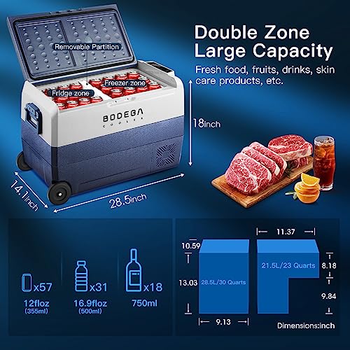 BODEGACOOLER 12 Volt Car Refrigerator,53 Quart Portable Fridge Freezer,Dual Zone Car Cooler WIFI APP Control,-4℉-68℉ （50L）Electric Compressor Cooler 12/24V DC and 100-240V AC for Camping,Travel,RV