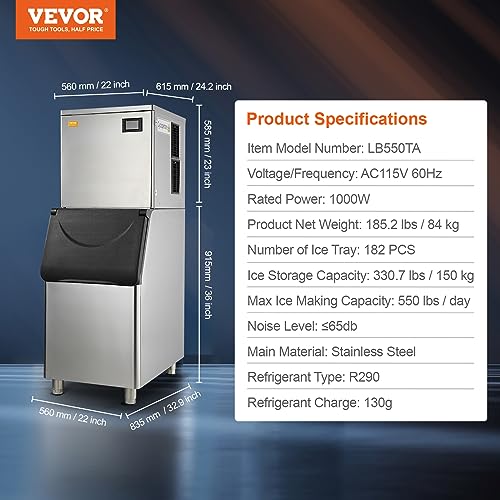 VEVOR LB550TA Commercial Ice Maker, 550LBS/24H Ice Making Machine with 330.7LBS Large Storage Bin, 1000W Auto Self-Cleaning Ice Maker Machine ith 3.5-inch LED Screen for Business Bar Cafe Restaurant