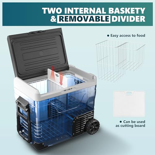 EUHOMY 12 Volt Refrigerator, 53QT(50L) Electric Cooler, Portable Freezer 12V/24V DC 110-240V AC, 12V Fridge -4℉~68℉, 12V Cooler with Wheels & 2 Baskets for Travel, Truck, Boat, Camping