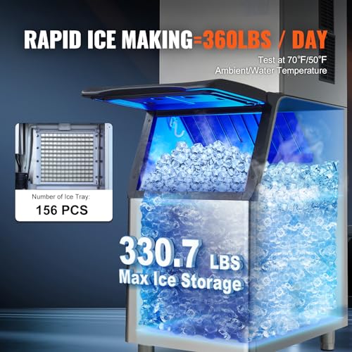 VEVOR LB360TA  Commercial Ice Maker, 360LBS/24H Ice Making Machine with 330.7LBS Large Storage Bin, 700W Auto Self-Cleaning Ice Maker Machine with 3.5-inch LED Panel for Bar Cafe Restaurant Business