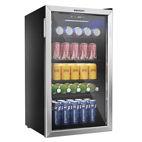 EUHOMY BR-110 Beverage Refrigerator and Cooler, 126 Can Mini fridge with Glass Door, Small Refrigerator with Adjustable Shelves for Soda Beer or Wine, Perfect for Home/Bar/Office (Silver).
