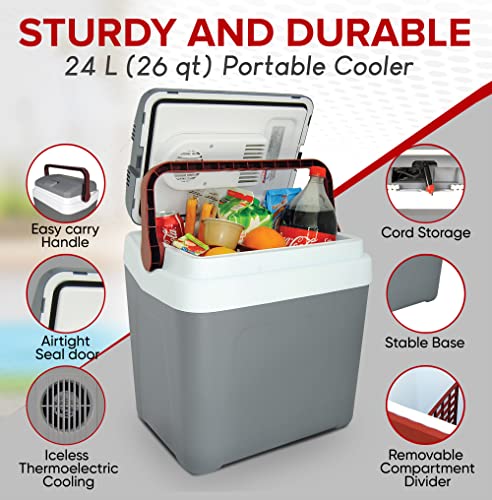 Koolatron Electric Portable Cooler Plug in 12V car Cooler 25 L (26 qt), No Ice Thermo Electric Portable Fridge for Camping, Travel Road Trips Trucking with 12 Volt DC Power Cord, Gray/White.