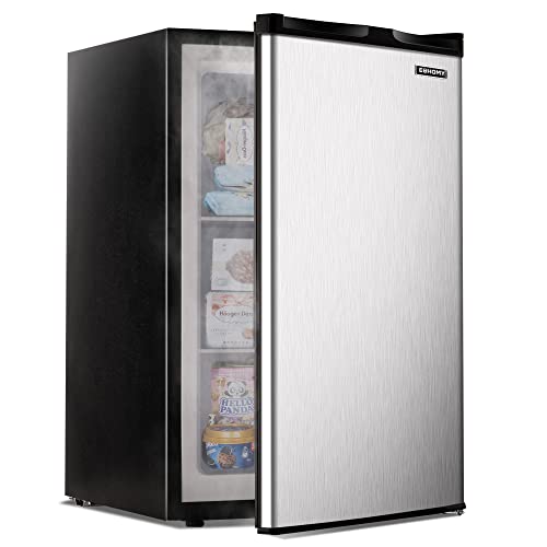 EUHOMY MF-30-Y Upright freezer, 3.0 Cubic Feet, Single Door Compact Mini Freezer with Reversible Stainless Steel Door, Small freezer for Home/Dorms/Apartment/Office (Silver)