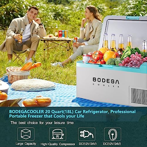 BODEGACOOLER 12 Volt Car Refrigerator, 21 Quart (20L) Portable Freezer Car Fridge (-4℉~68℉), Electric Cooler for Vehicles Truck RV Camping Travel Home Use - 12/24V DC & 100V-240V AC, WIFI APP Control