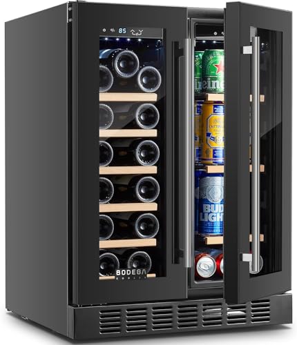 BODEGACOOLER ‎JC-150WM Wine and Beverage Refrigerator 24 Inch,Freestanding Dual Zone Wine Beverage Cooler,Under Counter Wine and Beer Refrigerator Cooling With Compressor,Hold 21 Bottles and 57 Cans [Black]