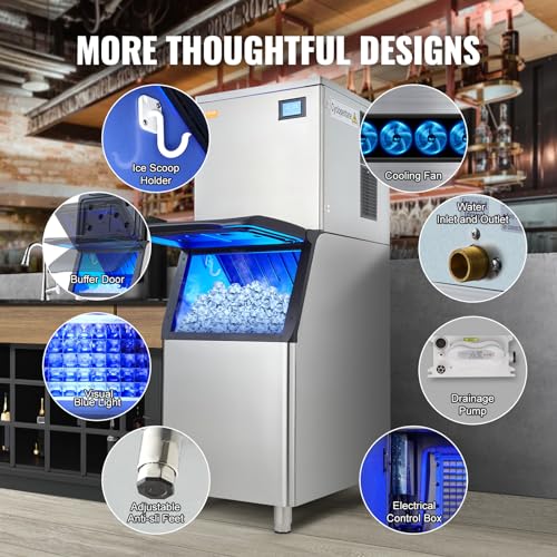 VEVOR LB360TA  Commercial Ice Maker, 360LBS/24H Ice Making Machine with 330.7LBS Large Storage Bin, 700W Auto Self-Cleaning Ice Maker Machine with 3.5-inch LED Panel for Bar Cafe Restaurant Business