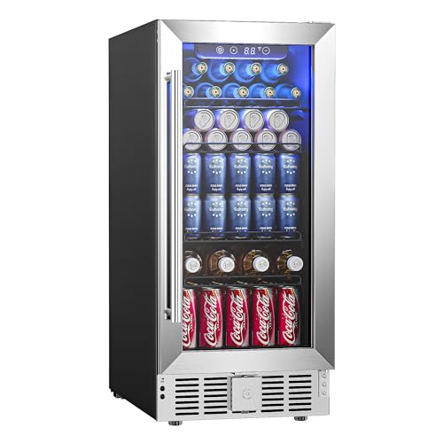 EUHOMY BRU-03 15 Inch Beverage Refrigerator Cooler Under Counter 127 Cans Beverage Fridge Built-in or Freestanding with Glass Door, LED Light, Beer Fridge for Soda, Water, Wine - Home Kitchen Bar.