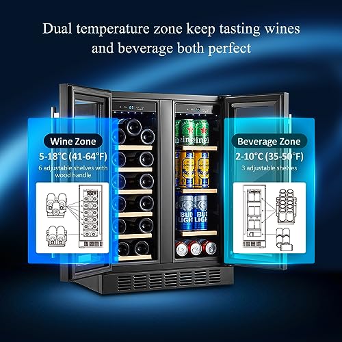 BODEGACOOLER ‎JC-150WM Wine and Beverage Refrigerator 24 Inch,Freestanding Dual Zone Wine Beverage Cooler,Under Counter Wine and Beer Refrigerator Cooling With Compressor,Hold 21 Bottles and 57 Cans [Black]