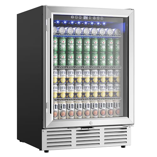 EUHOMY BRU-04 24 Inch Beverage Refrigerator, 180 Can Built-in or Freestanding Beverage Cooler, Under Counter Beer Fridge with Glass Door for Soda, Water, Wine - For Kitchen, Bar or Office.