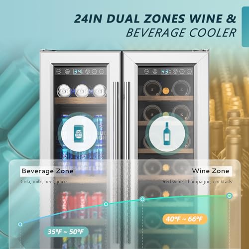 EUHOMY Wine and Beverage Refrigerator, 24 Inch Dual Zone Wine Cooler with Glass Door Hold 21 Bottles and 88 Cans, Built in or Freestanding Under Counter Wine Fridge with Blue LED Light.
