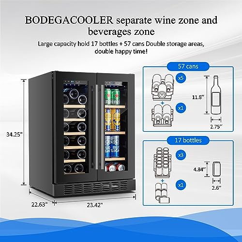 BODEGACOOLER ‎JC-150WM Wine and Beverage Refrigerator 24 Inch,Freestanding Dual Zone Wine Beverage Cooler,Under Counter Wine and Beer Refrigerator Cooling With Compressor,Hold 21 Bottles and 57 Cans [Black]