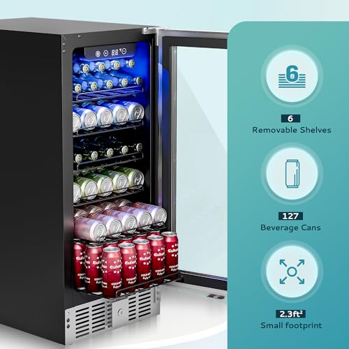 EUHOMY ‎BRU-03 15 Inch Beverage Refrigerator Cooler Under Counter 127 Cans Beverage Fridge Built-in or Freestanding with Glass Door, LED Light, Beer Fridge for Soda, Water, Wine - Home Kitchen Bar.