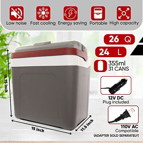 Koolatron Electric Portable Cooler Plug in 12V car Cooler 25 L (26 qt), No Ice Thermo Electric Portable Fridge for Camping, Travel Road Trips Trucking with 12 Volt DC Power Cord, Gray/White.