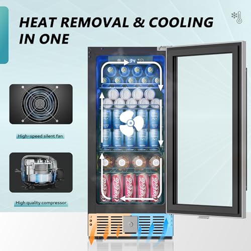 EUHOMY ‎BRU-03 15 Inch Beverage Refrigerator Cooler Under Counter 127 Cans Beverage Fridge Built-in or Freestanding with Glass Door, LED Light, Beer Fridge for Soda, Water, Wine - Home Kitchen Bar.