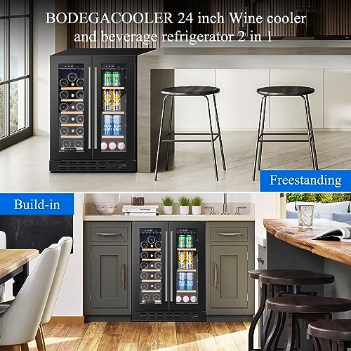 BODEGACOOLER ‎JC-150WM Wine and Beverage Refrigerator 24 Inch,Freestanding Dual Zone Wine Beverage Cooler,Under Counter Wine and Beer Refrigerator Cooling With Compressor,Hold 21 Bottles and 57 Cans [Black]