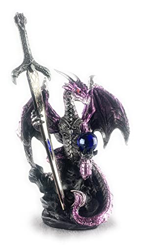 Purple Medieval Dragon Figurine with Sword and Crystal Ball