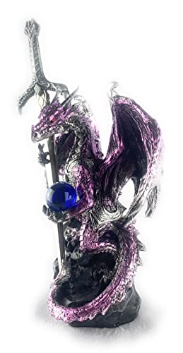 Purple Medieval Dragon Figurine with Sword and Crystal Ball