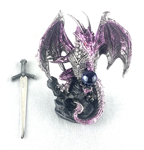 Purple Medieval Dragon Figurine with Sword and Crystal Ball