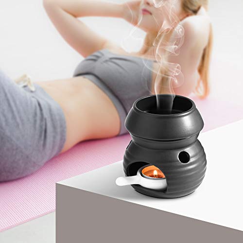 ComSaf Essential Oil Burner Wax Melt Burner with Candle Spoon, Aromatherapy Aroma Burner Ceramic Oil Diffuser Candle Tealight Oil Warmer Yoga Spa Home Decor Christmas Housewarming Gift Black 1Pack