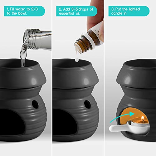 ComSaf Essential Oil Burner Wax Melt Burner with Candle Spoon, Aromatherapy Aroma Burner Ceramic Oil Diffuser Candle Tealight Oil Warmer Yoga Spa Home Decor Christmas Housewarming Gift Black 1Pack