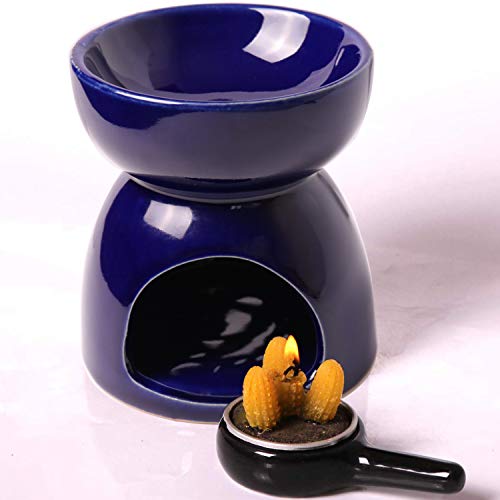 Classic Leaf Carving Blue Ceramic Essential Oil Burner Candle Tea Light Candle Holder Fragrance Essential Wax Burner, Great Candle Lamps Decoration for Living Room, Balcony and Garden