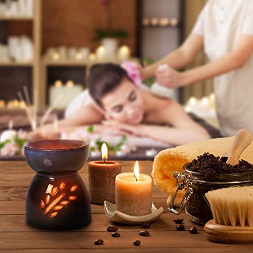 Classic Leaf Carving Blue Ceramic Essential Oil Burner Candle Tea Light Candle Holder Fragrance Essential Wax Burner, Great Candle Lamps Decoration for Living Room, Balcony and Garden