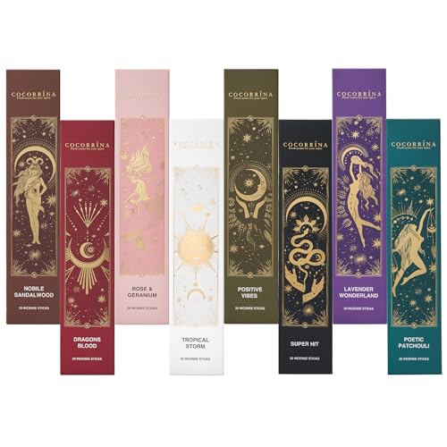 COCORRÍNA Incense Sticks - Set of 8 Insenses (160 Sticks) Nobile Sandalwood, Dragon's Blood, Rose Geranium, Tropical Storm, Positive Vibes, Super Hit, Lavender Wonderland, Poetic Patchouli