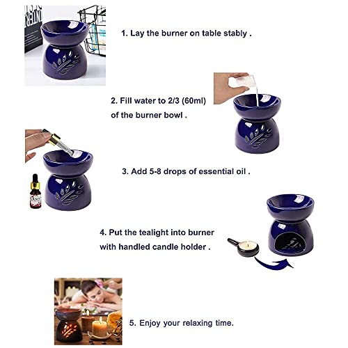 Classic Leaf Carving Blue Ceramic Essential Oil Burner Candle Tea Light Candle Holder Fragrance Essential Wax Burner, Great Candle Lamps Decoration for Living Room, Balcony and Garden