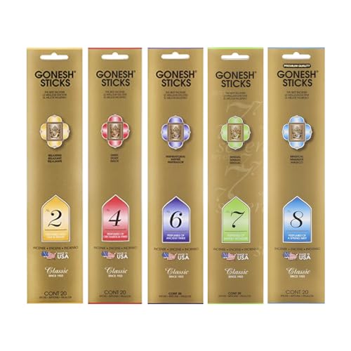 Gonesh - Classic Incense Sticks Variety Pack - Non-toxic 10” Slow Burn Aromatic Sticks - No. 2, No. 4, No. 6. No. 8-5 Packs of 20 Sticks