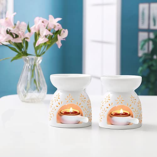 T4U Ceramic Tealight Candle Holder Oil Burner, Essential Oil Incense Aroma Diffuser Furnace Home Decoration Romantic White Set of 2 - Floral Pattern