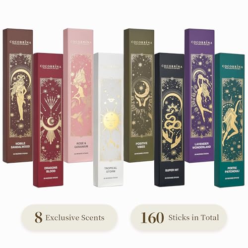 COCORRÍNA Incense Sticks - Set of 8 Insenses (160 Sticks) Nobile Sandalwood, Dragon's Blood, Rose Geranium, Tropical Storm, Positive Vibes, Super Hit, Lavender Wonderland, Poetic Patchouli