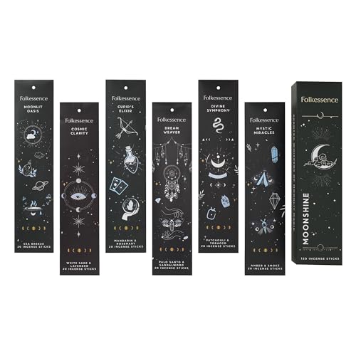 Folkulture Incense Sticks - Set of 6 Insenses (120 Insence Sticks) - Palo Santo & Sandalwood, White Sage, Lavender, Patchouli, Rosemary, Blue Lotus Inscents or Inciensos, Sleep Incents