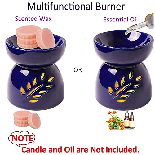 Classic Leaf Carving Blue Ceramic Essential Oil Burner Candle Tea Light Candle Holder Fragrance Essential Wax Burner, Great Candle Lamps Decoration for Living Room, Balcony and Garden