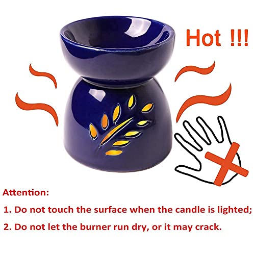 Classic Leaf Carving Blue Ceramic Essential Oil Burner Candle Tea Light Candle Holder Fragrance Essential Wax Burner, Great Candle Lamps Decoration for Living Room, Balcony and Garden