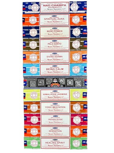 Satya Nag Champa Palo Santo Spiritual Aura Meditation Being Calm Rose Superhit Divine Karma Reiki Power Jasmine Sensation Healing Spirit - Satya Incense Sticks Assorted Set of 12 Pack