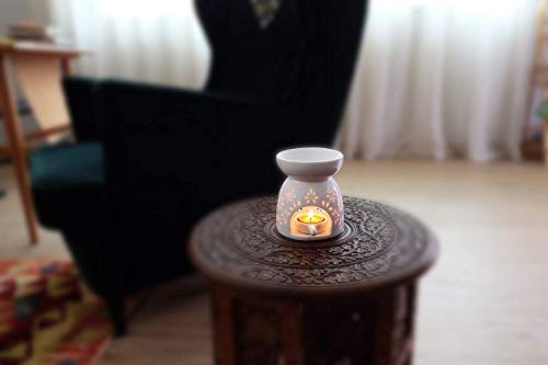 T4U Ceramic Tealight Candle Holder Oil Burner, Essential Oil Incense Aroma Diffuser Furnace Home Decoration Romantic White Set of 2 - Floral Pattern