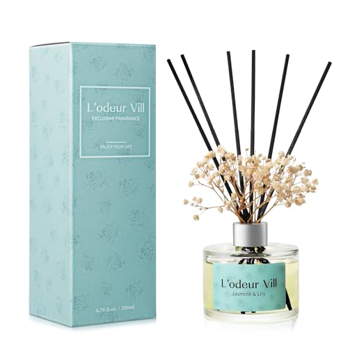 L'odeur Vill Reed Diffuser, 6.7 oz(200ml) Jasmine & Lily Scented Diffuser with 6 Oil Diffuser Sticks, Home Fragrance Essential Oil Reed Diffuser Set for Home Large Rooms Bathroom Shelf Decor