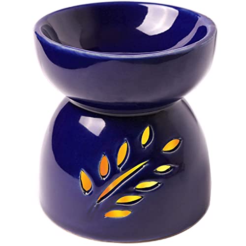 Classic Leaf Carving Blue Ceramic Essential Oil Burner Candle Tea Light Candle Holder Fragrance Essential Wax Burner, Great Candle Lamps Decoration for Living Room, Balcony and Garden